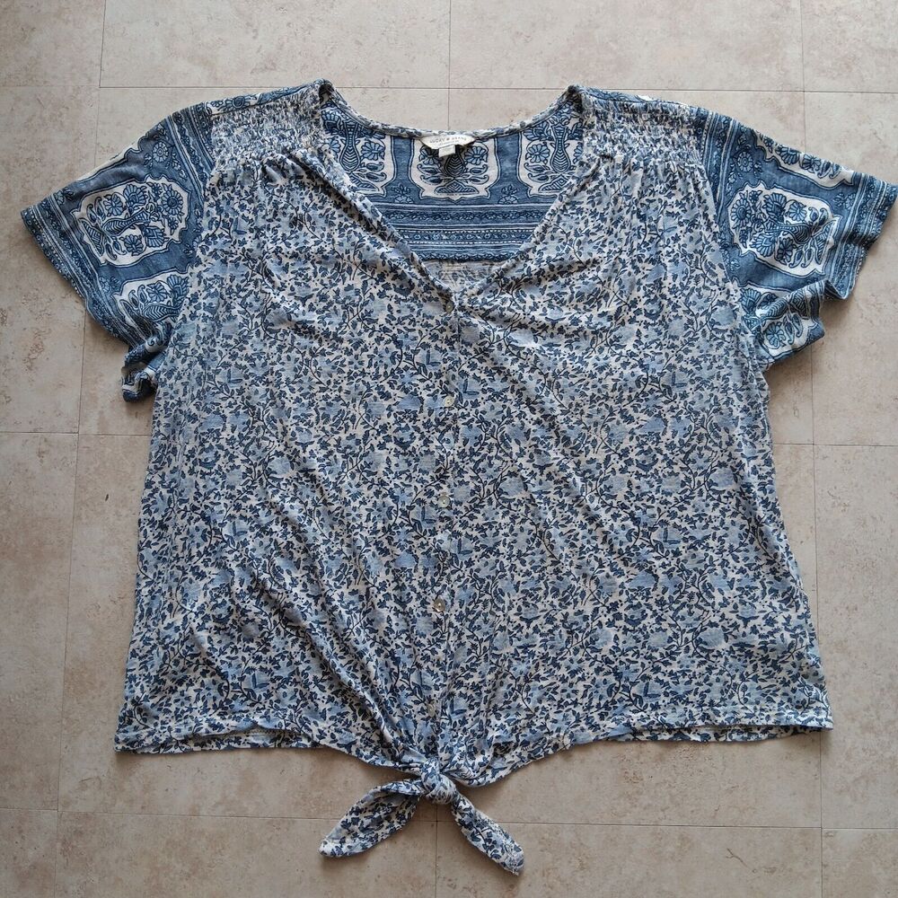 LUCKY BRAND Women's Large Blouse Boho Blue Fairy Floral Shir Front Tiet Top